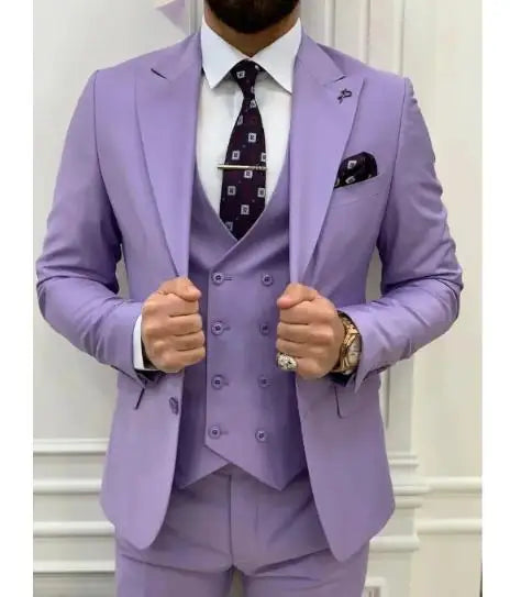 Light Purple Men's Suits Elegant Full Set Single Breasted Formal Outwear 3 Pieces (Jacket+Pants+Vest) Costume