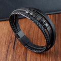 Multi-layer Stainless Steel Men's Leather Cuff Bracelet Hand-woven Black Leather Braid Bracelet Hip Hop Jewelry L20258
