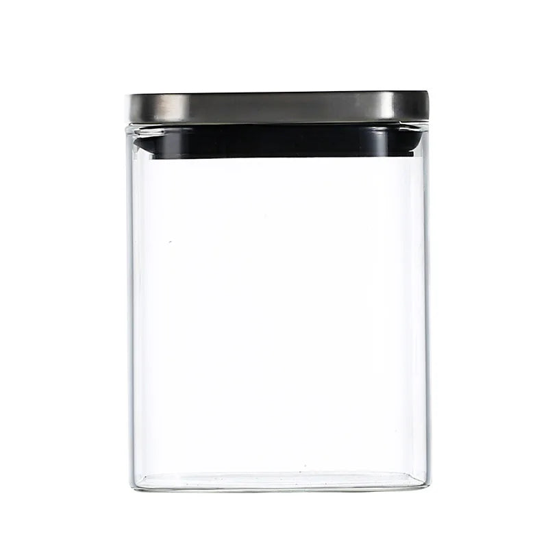 Kitchen Food Container Square Spice Bottle Sealed Glass Jar with Steel Lid