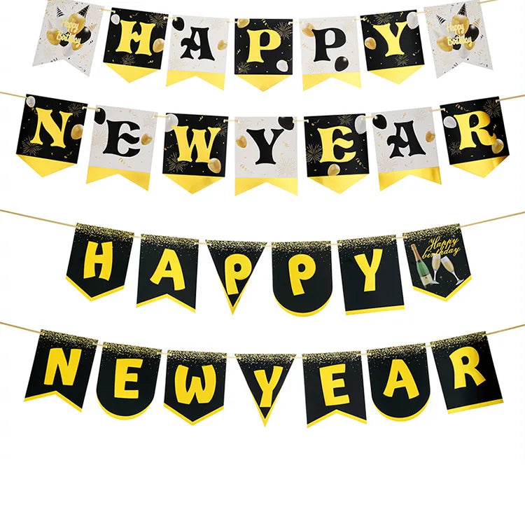 2026 HAPPY NEW YEAR with Gilt Letters Pull Flags and Banners Decorated for NEW YEAR Parties Banners Flags