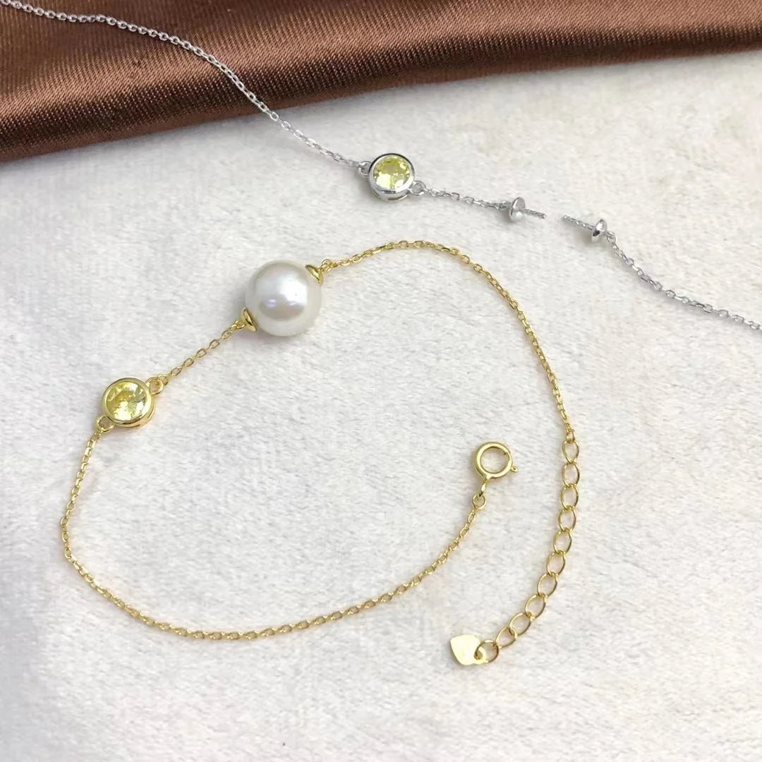 B437 8-9mm 925 Sterling Silver Gold Plated Wholesale Freshwater Pearl Charm Bracelet  Bangle Fancy Jewelry for Women