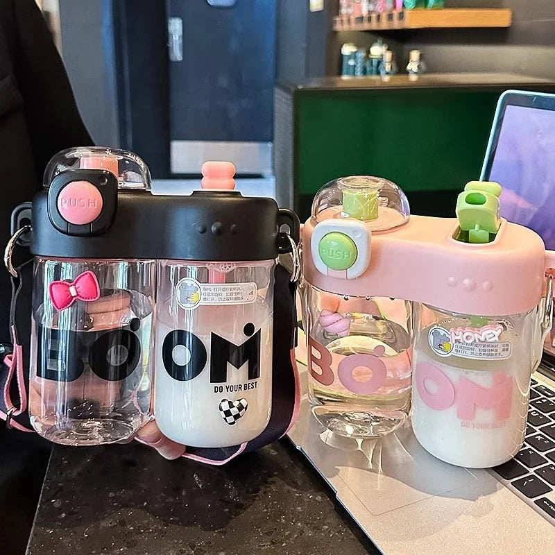 Summer Fashion 860ml Sports Water Bottle Double Straw Warehouse Drink Plastic Cups for Children's Travel Boiling Water
