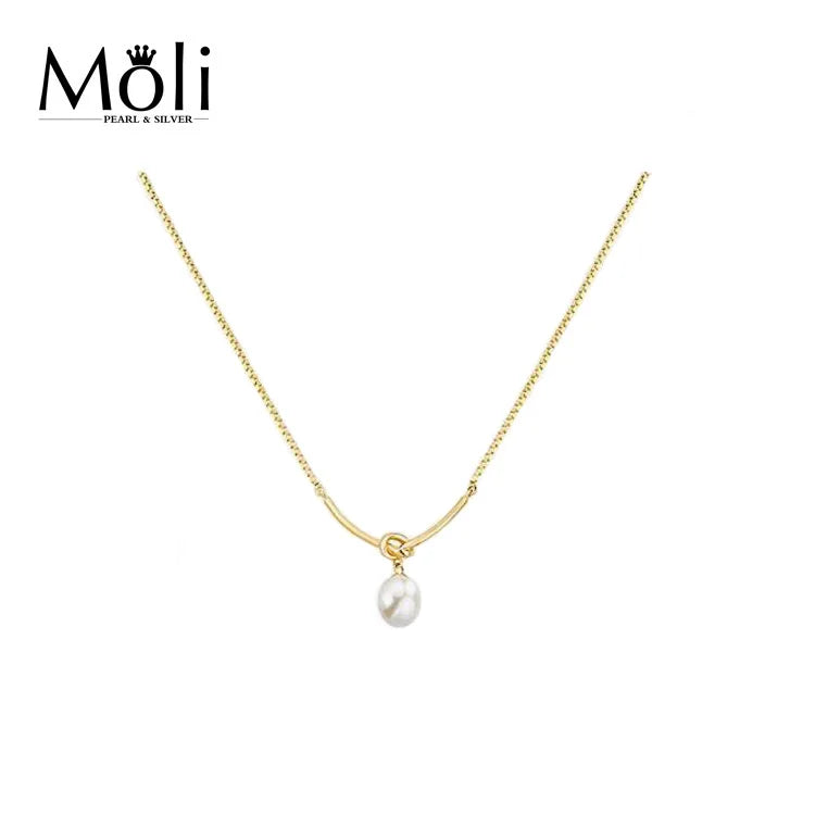 925 Sterling Silver Necklace Jewelry  Knot Smile Rice 8-9mm Freshwater Real Natural Single Pearl Choker Necklace