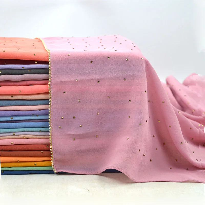 Factory Price Hot 90 Color Plain Bubble Chiffon Hijab With Chain Diamond Glitter Rhinestone Muslim Long Head Wrap Shawl Scarves