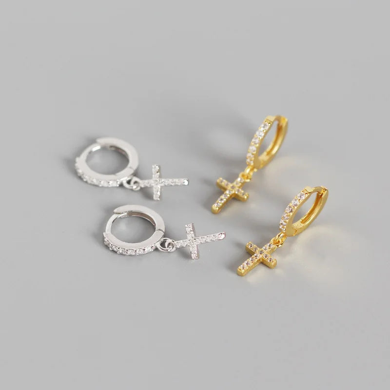 Cross Shape Hoop Earrings 925 Sterling Silver Cross Hoops Gold Plated with Brilliant Zirconia Gemstones