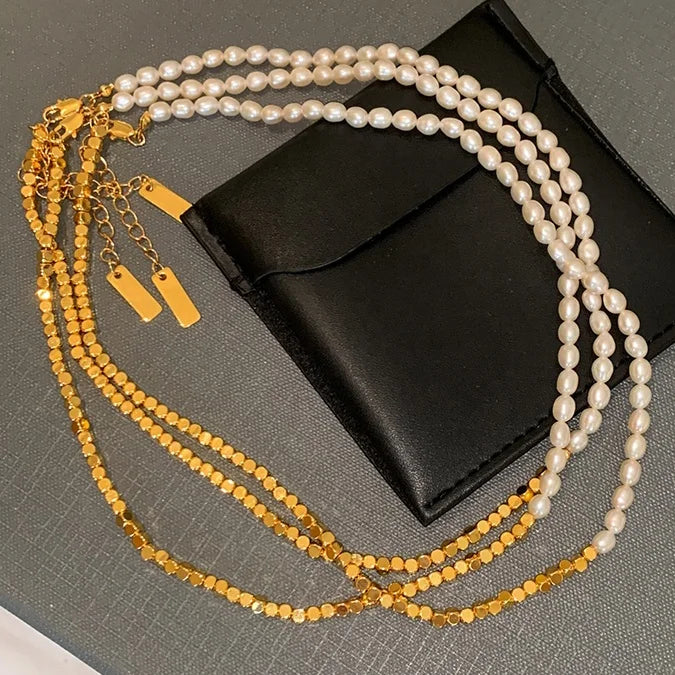 Brass Plated Gold Broken Silver Stitching Natural Freshwater Pearl Necklace for Women Gift Jewelry Custom Design