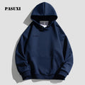 PASUXI Autumn and Winter New Fleece Solid Color Hooded Sweater Mens American Style Dropped Shoulder Hoodie