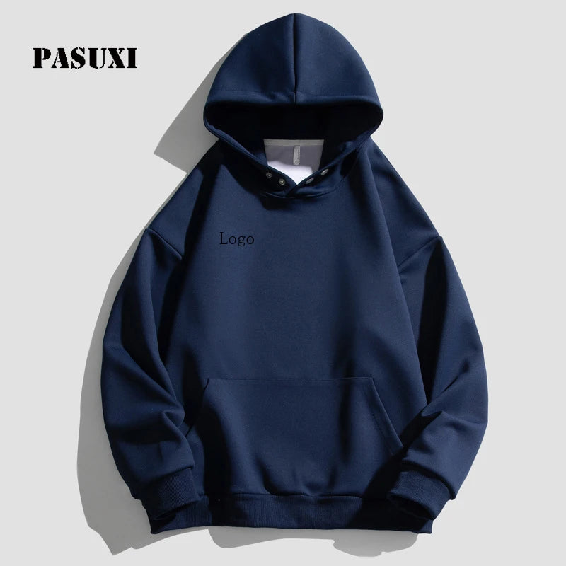 PASUXI Autumn and Winter New Fleece Solid Color Hooded Sweater Mens American Style Dropped Shoulder Hoodie