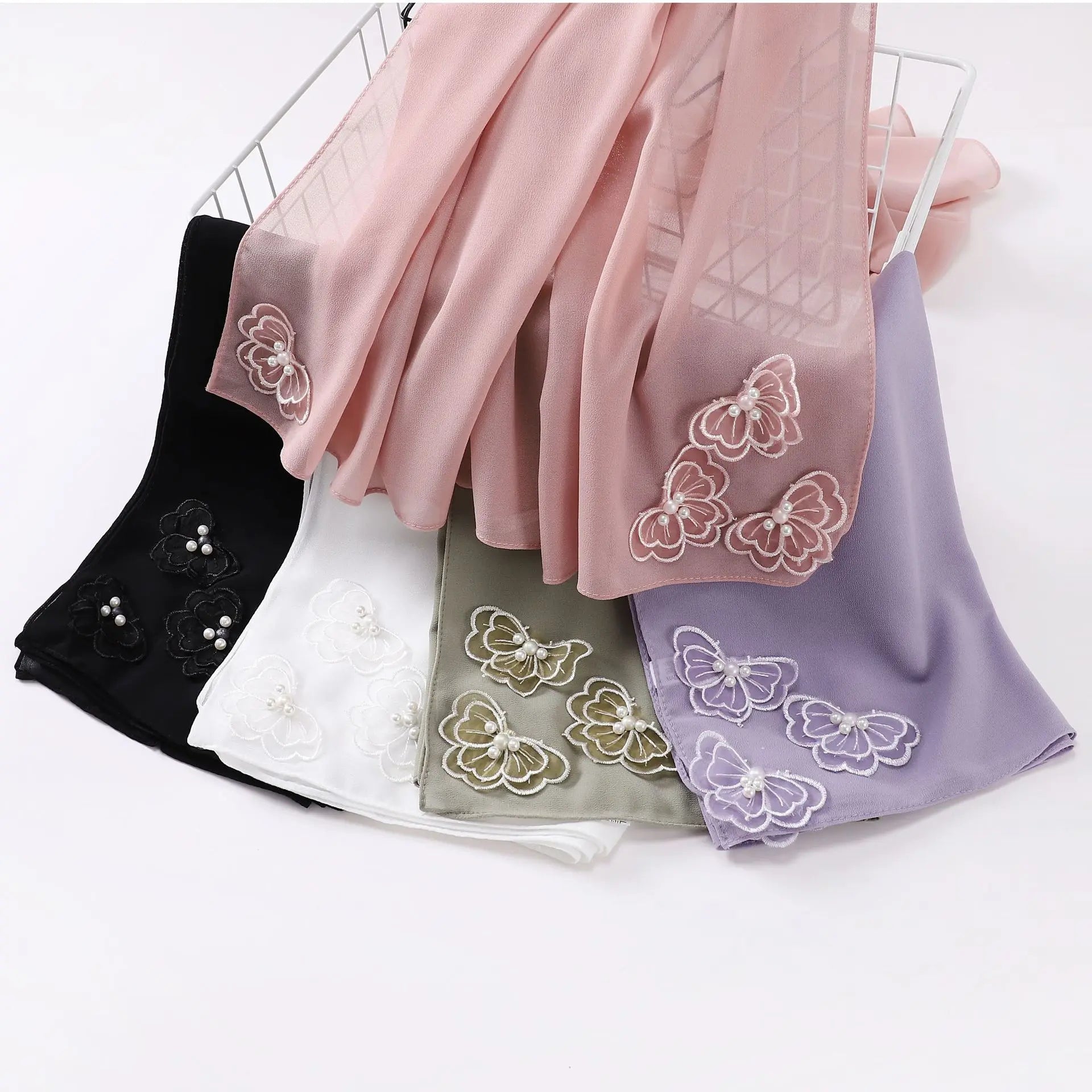 Pearl Chiffon Headscarf Four Corner butterfly Nail Bead square Shawl Muslim Gauze Scarf Sweet Hijab
