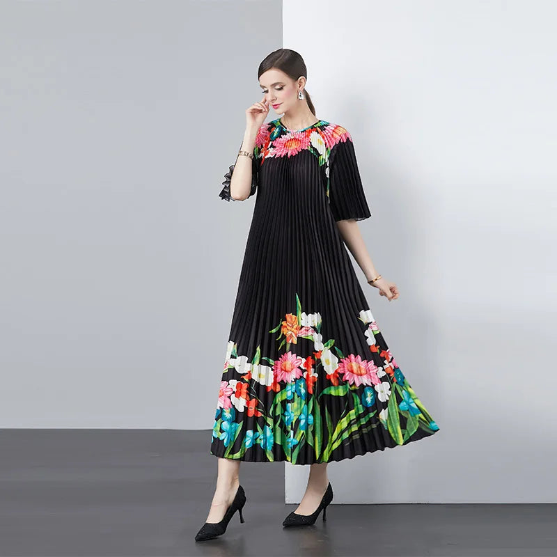 Women's 2024 Summer Runway Chiffon Woven Ruched Pleated Long Sleeve Floral Print Knee-Length Bohemian Dress