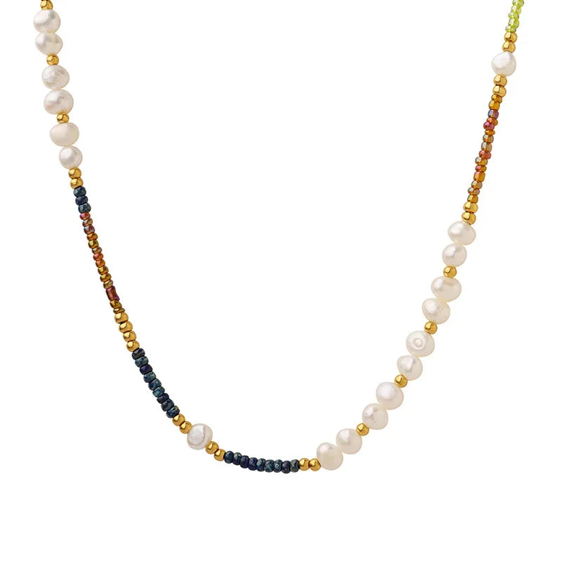 JOOLIM High End Stainless Steel Bohemia Style Fresh Water Pearl Natural Stone Glass Necklace 18K Gold Plated Jewelry Wholesale