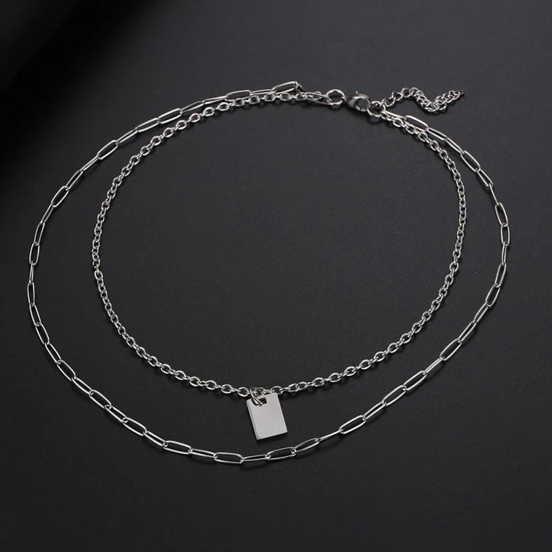 Waterproof Paperclip Chain Cable Chain Blank Square Pendant Layered Necklace for Women Fashion Paper Clip Chain Layered Necklace
