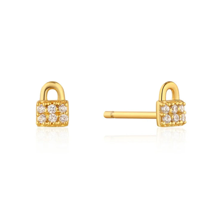 Factory Wholesale Mini Gold Plated 925 Sterling Silver Padlock Sparkle Stud Lock Earring for Women