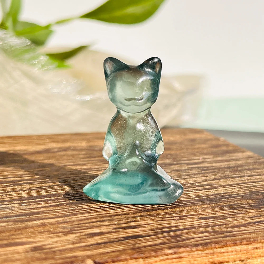 Wholesale Natural High Quality Colorful Fluorite Carvings Hand Carved Creative Crystal Crafts Fluorite Yoga Cats for Decoration