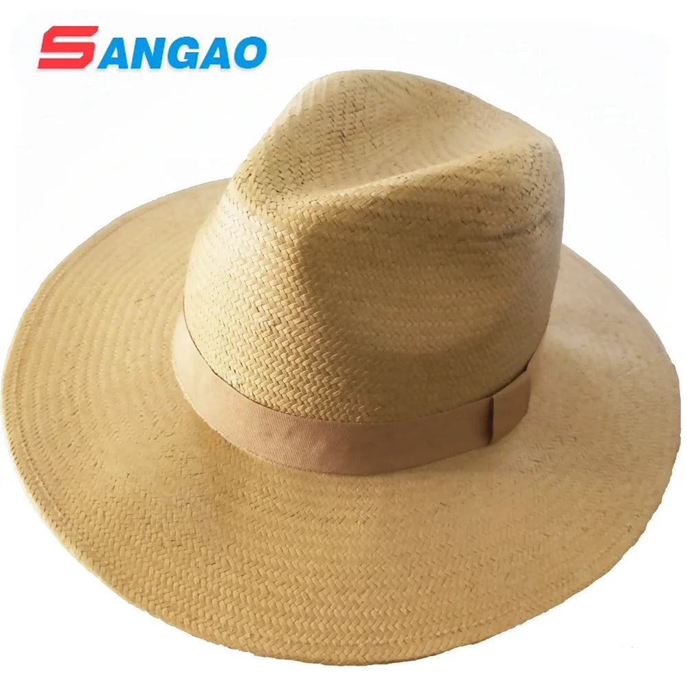 Sand Color Wide Brim Floppy Straw Hat Striped Sublimation Printed Ribbon & Rope Cowboy Fashion Unisex Adults Wholesale