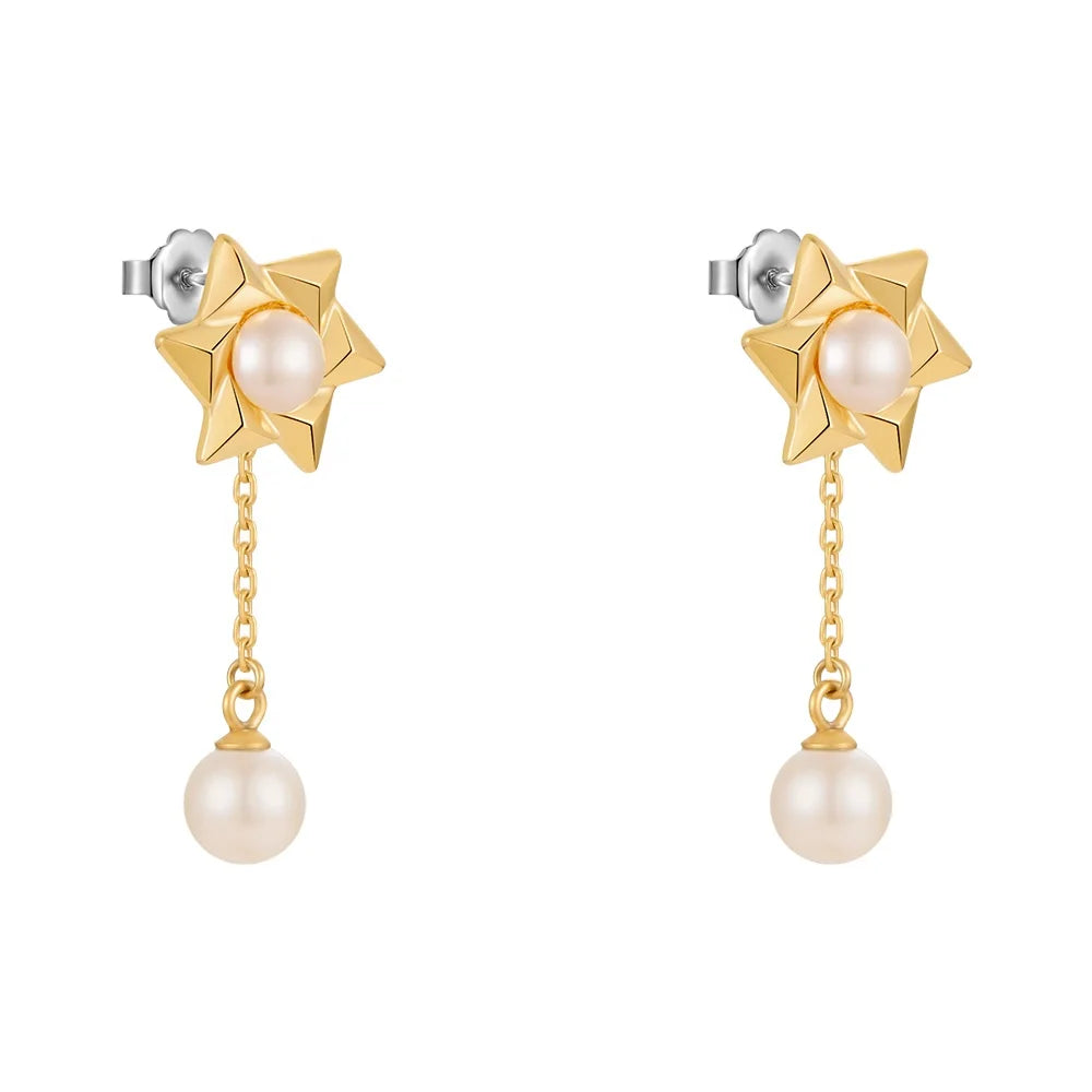 Original Design 18K Gold Plated Brass Jewelry Snowflake Pearl Drop Earrings for Women Delicate Pendientes Earrings E221486