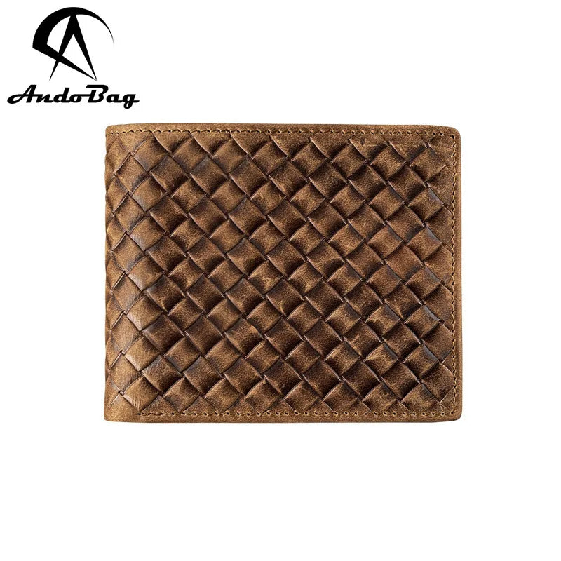 Andong European Fashion Crazy Horse Leather Men's Wallet Short Wallet Top Layer Cowhide Woven Wallets Purse Man Genuine Leather