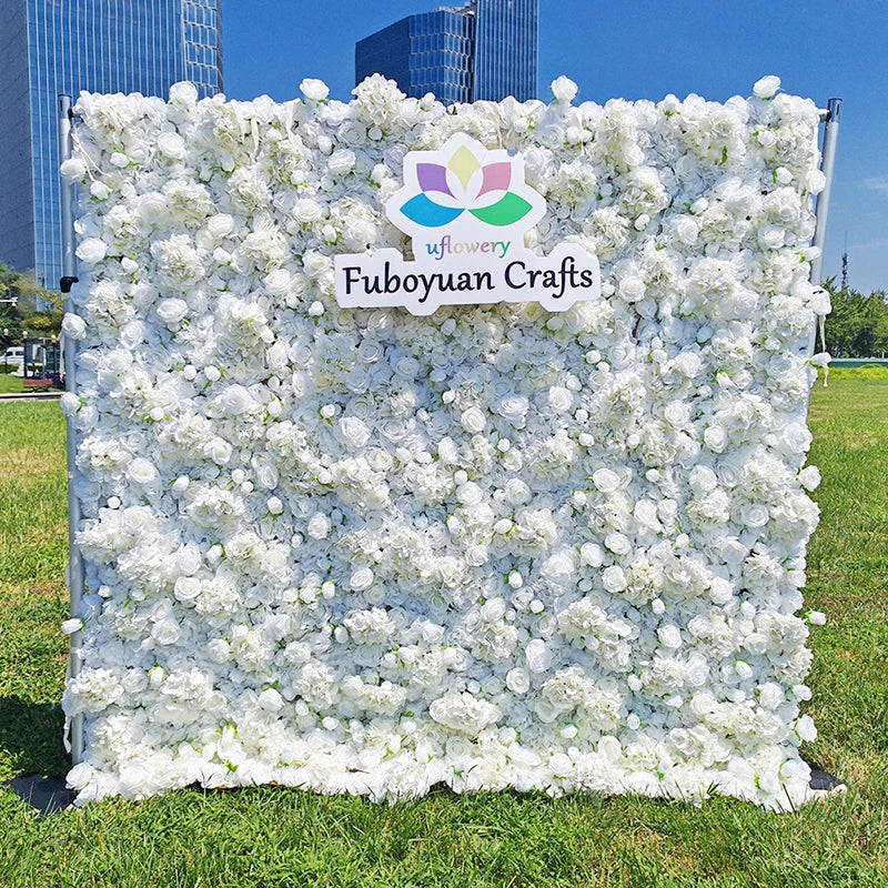 F210 4X8ft Hot Sale White Artificial Silk Flower Wall Cloth Base Wedding Decoration Backdrop Roll up Artificial Flower Wall