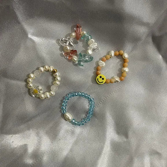 Natural Crystal Stone Freshwater Pearl Beads Smile Face Handmade Ring Jewelry SR023