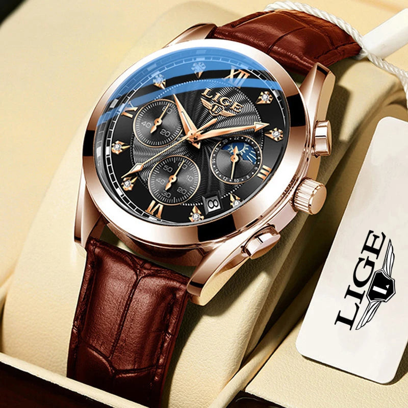 LIGE LG8912  Customized Watches Brown Leather 3 Subdials Business Calendar Quartz Waterproof Watch Sport R  Men's Wristwatches