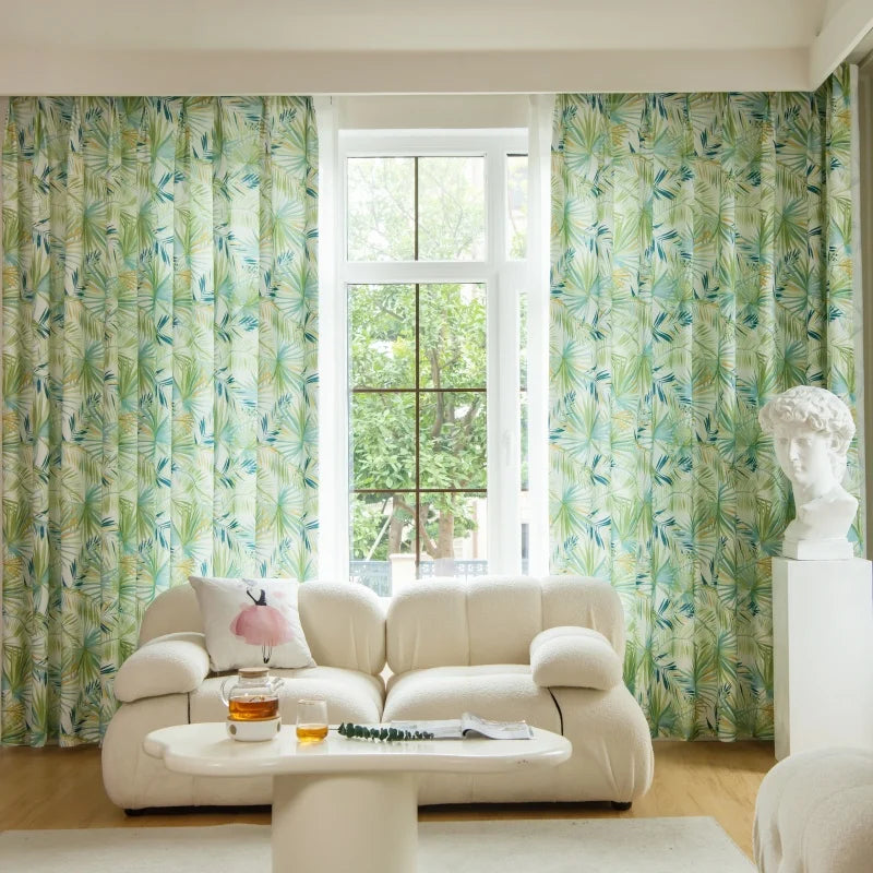 American Style Fashion Green Color Leaf Polyester Blackout Printed Curtain with Sheer for Home Window