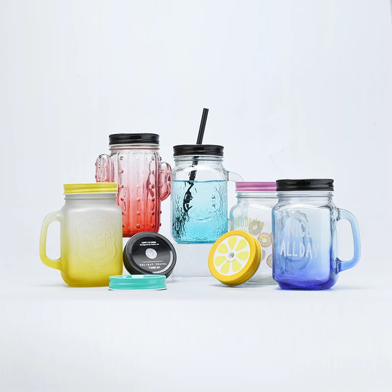 Reusable Wide Mouth Glass Bubble Tea Smoothie Boba Cup Salad Jam Bottle 480ml 16oz Classical Juice Glass Mason Jar with Handle