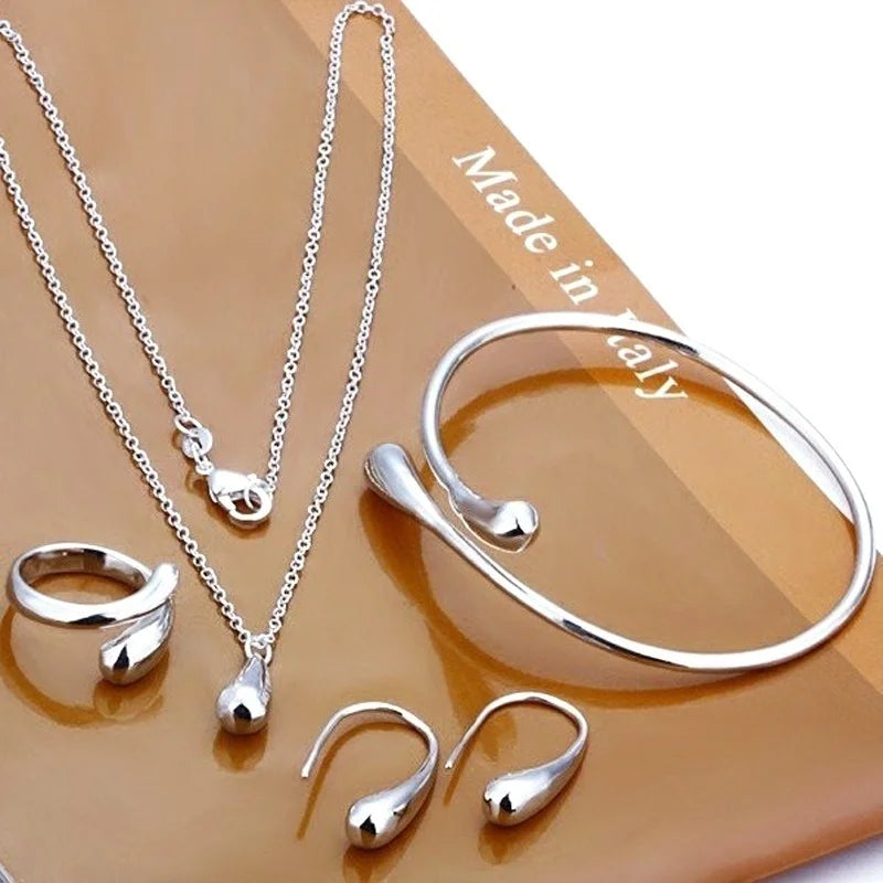 BINSHUO Dainty Tear Pendant Necklace Set Hook Oval Earing Women Water Drop Charm Bracelet Engagement Anniversary Party Silver