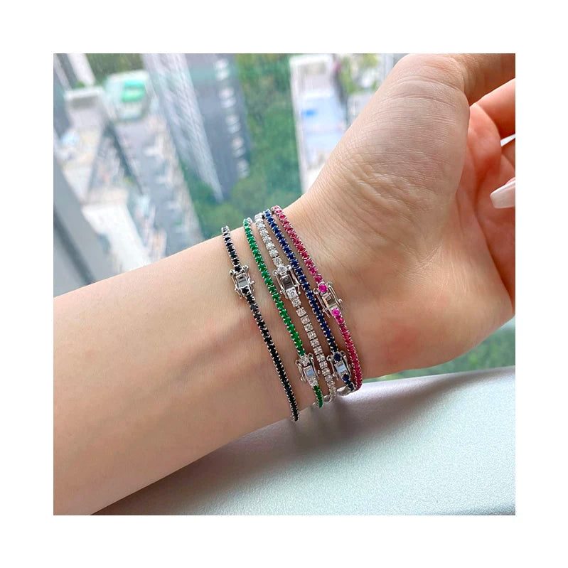 Trendy Rhodium Plated 925 Silver Women Jewelry S925 Sterling Silver Multicolor 2mm CZ Tennis Bracelet