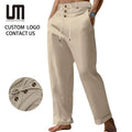 Cheap Trending Men's Casual Cotton Linen Pants Summer Beach Trousers Loose Fit Straight Leg Mid Breathable Streetwear Long Pants
