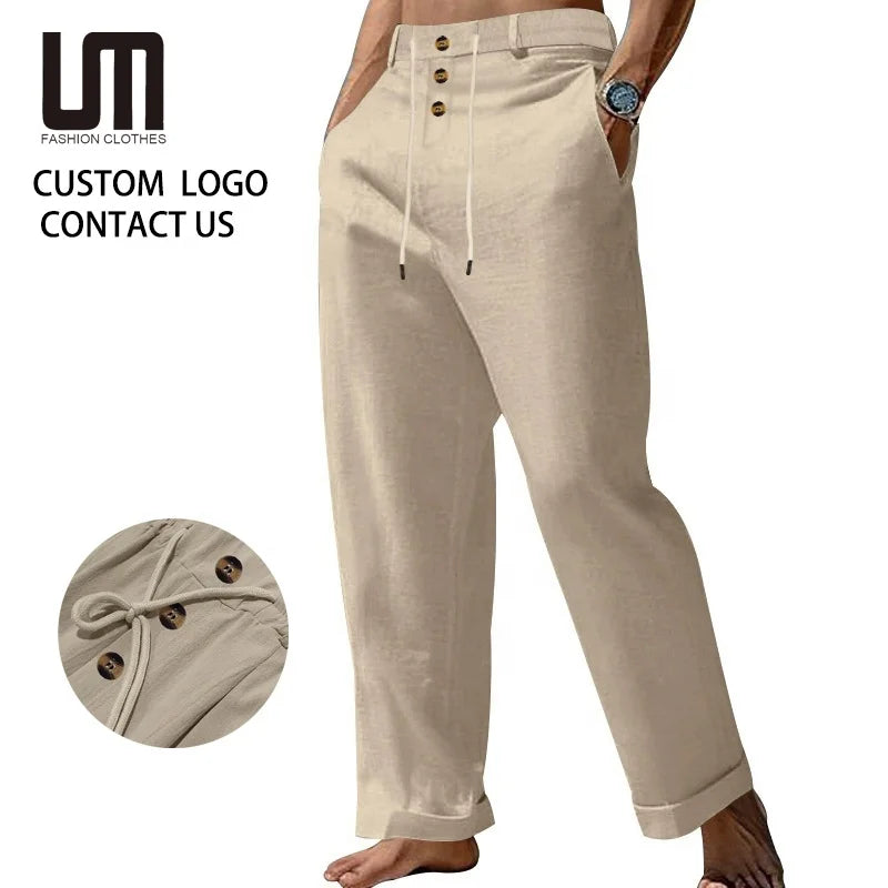 Cheap Trending Men's Casual Cotton Linen Pants Summer Beach Trousers Loose Fit Straight Leg Mid Breathable Streetwear Long Pants