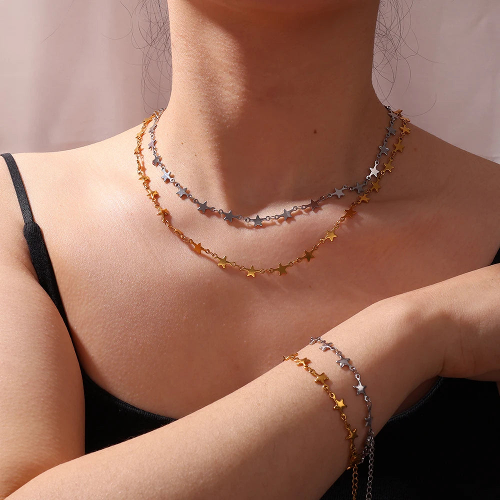 Fashion Jewelry 18K Gold Plated Star Link Chains Stainless Steel Literary Style Pentagram Necklace & Bracelets Jewelry Set