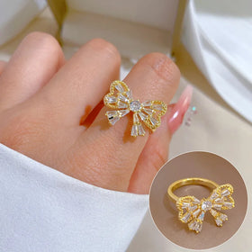Fashion Women Sparkle Diamond Adjustable Butterfly Bow Ring Bling Cubic Zirconia CZ Butterfly Finger Ring Jewelry