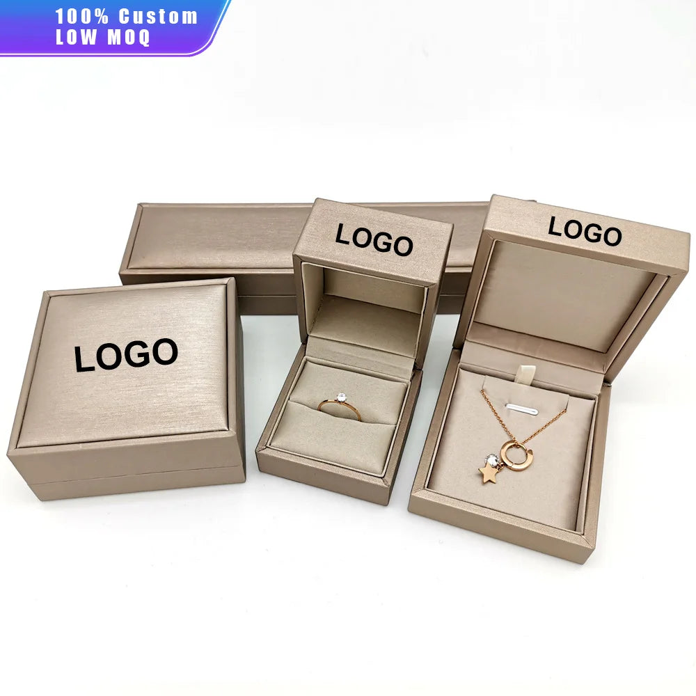 Custom Logo Luxury Flip Business Packaging Box Gold Matt PU Leather Pendant Necklace Earrings Bracelet Ring Jewelry Box