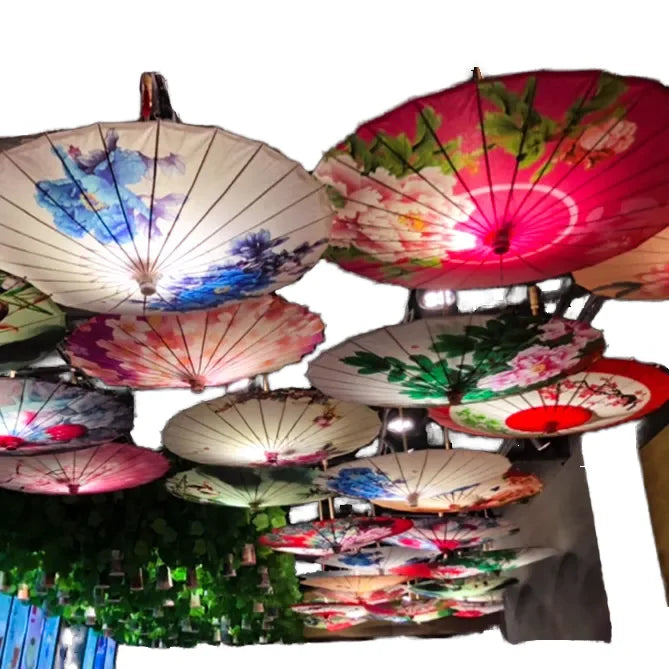 Japanese Chinese Handmade Silk Oiled Paper Umbrella Roman Style Straight Ceiling Decoration Custom Logo Sun Dance Party Manual