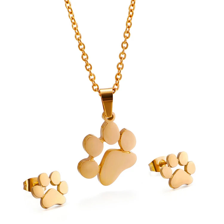 Simple Cute Animal Cat Dog Pet Footprints Stainless Steel Earrings Gold Plated Necklace Jewelry Set