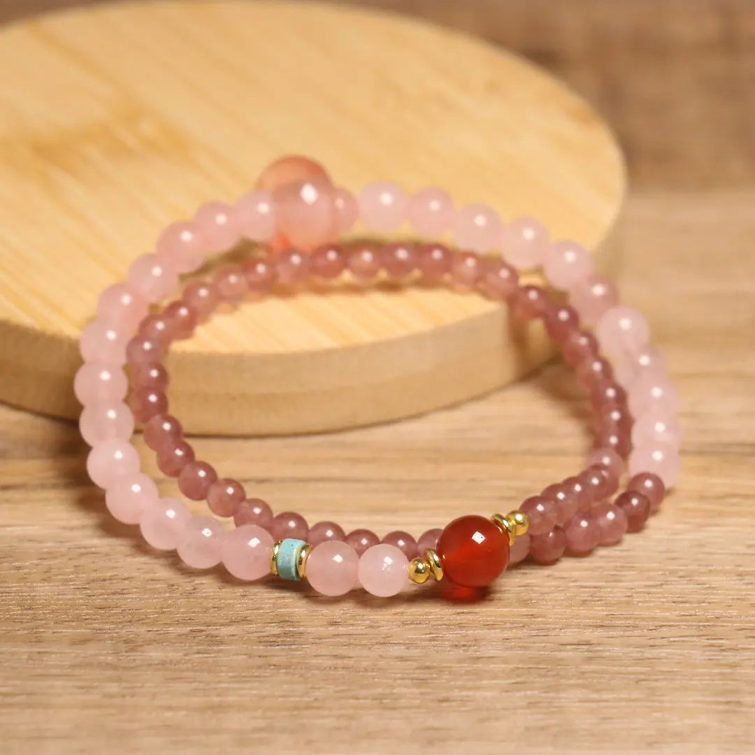 Semi-precious Gemstone Bracelet Natural Rose Quartz Strawberry Crystal Beaded Bracelet Healing Stone Charm Jewelry for Women