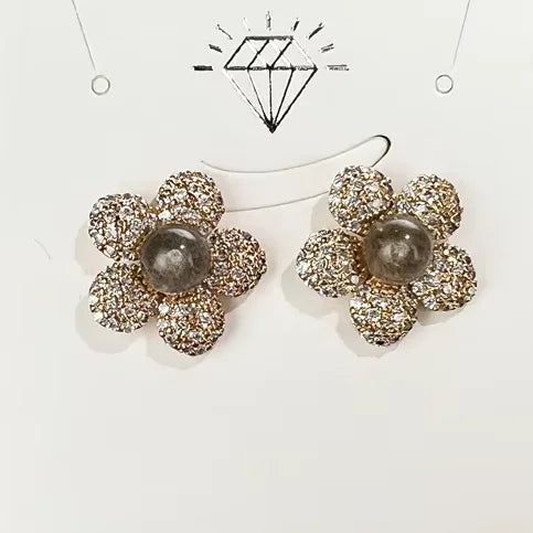 Fashion Jewelry Factory Direct Sale  Flower Shape Stud Earrings Cubic Zirconia Inlayed Gold Plated Natural Labradorite Earrings
