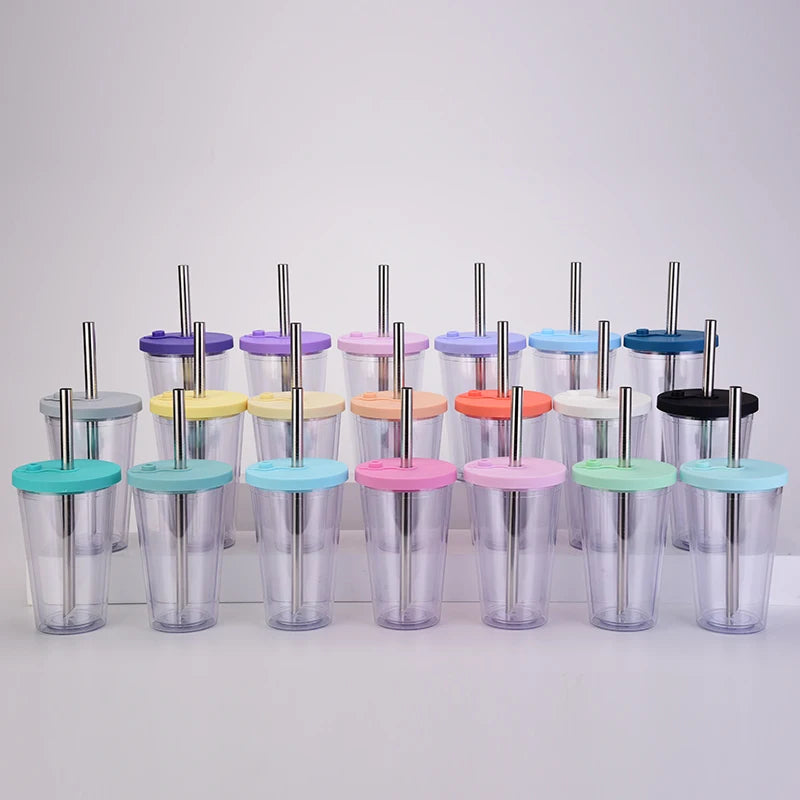 16oz24oz Food Grade Double Wall Acrylic Plastic Reusable  Bubble  Boba Milk Tea Tumbler with Stainless Steel Straw Sealing Cover
