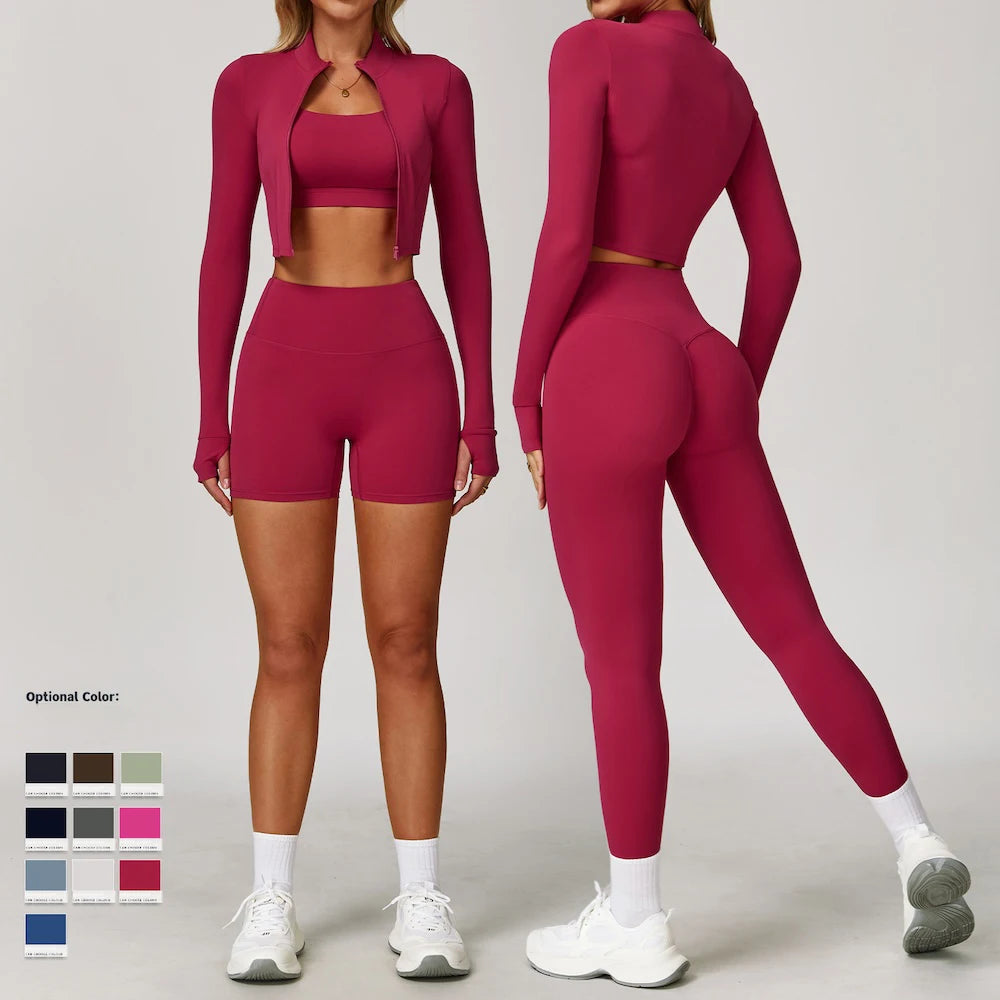 Wholesale 4Pcs Luxury Yoga Activewear Set for Ladies Cross Back Sports Bra + Athletic Jacket with Gym Shorts + Yoga Leggings