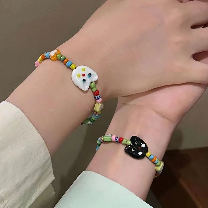 Kawaii Cartoon Cat Charm Bracelet Colorful Seed Beads Cute Kitten Love Heart Bracelet Adjustable Bestie Gift for Women Girls