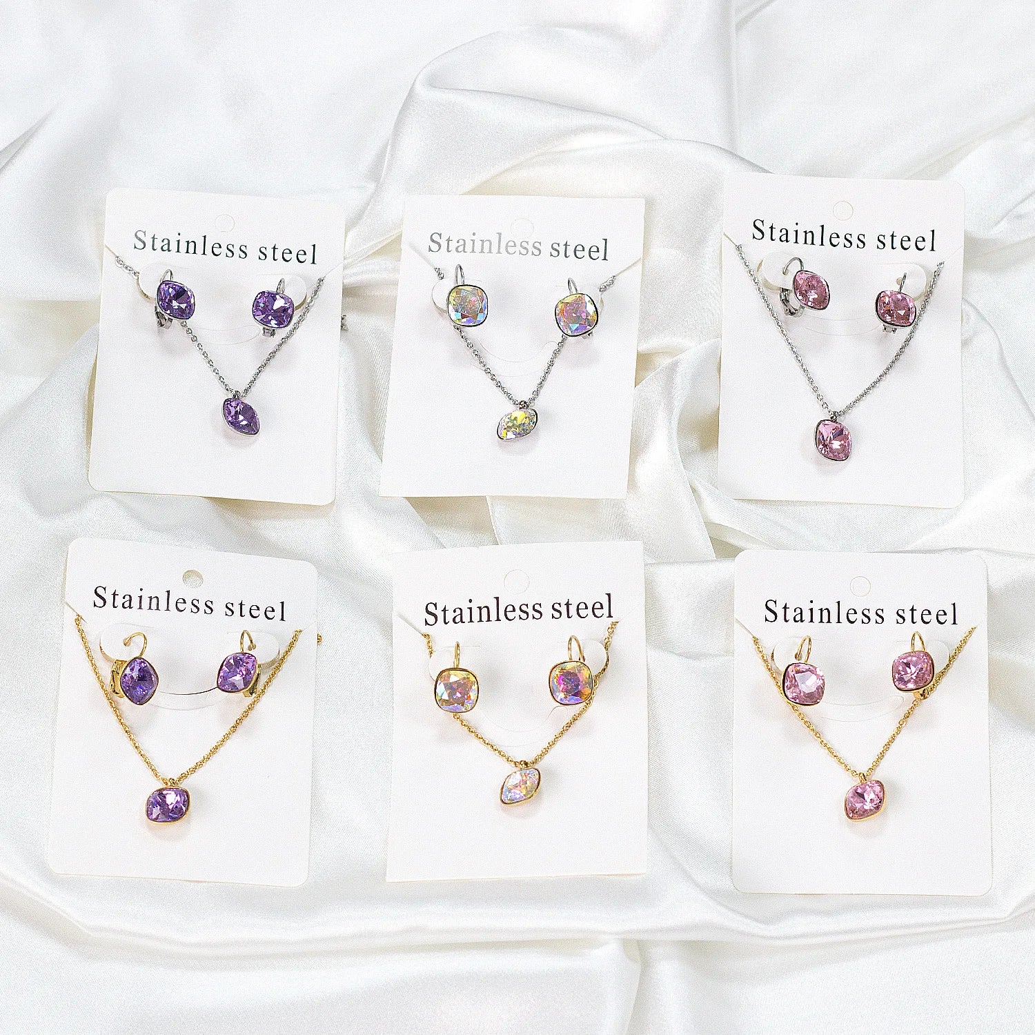 Luxury Rhinestone Necklace Earrings Stainless Steel Set Multi-color Square Crystal Charms Women Jewelry Set Female Wholesale
