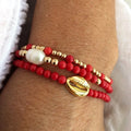 Go2boho Multi-Layer Shell Pearl and Acrylic Bead Bracelet Set with Gold Copper Detailing for Women Beach Accessory Red Color