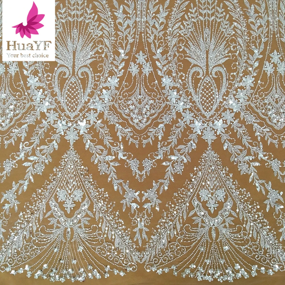 HY3155 Luxury Exclusive French Heavy 3d Beaded Pearls Lace with Sequins Shining White Wedding Bridal Lace Dress Fabric