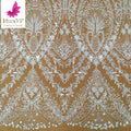HY3155 Luxury Exclusive French Heavy 3d Beaded Pearls Lace with Sequins Shining White Wedding Bridal Lace Dress Fabric