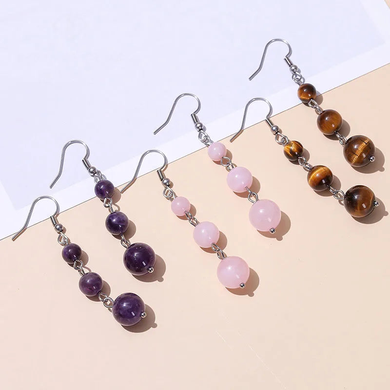 Minimalist Round Beads Hoop Earrings Stainless Steel Earrings Rose Quartz Amethyst Tiger Eye Gemstone Earrings for Women
