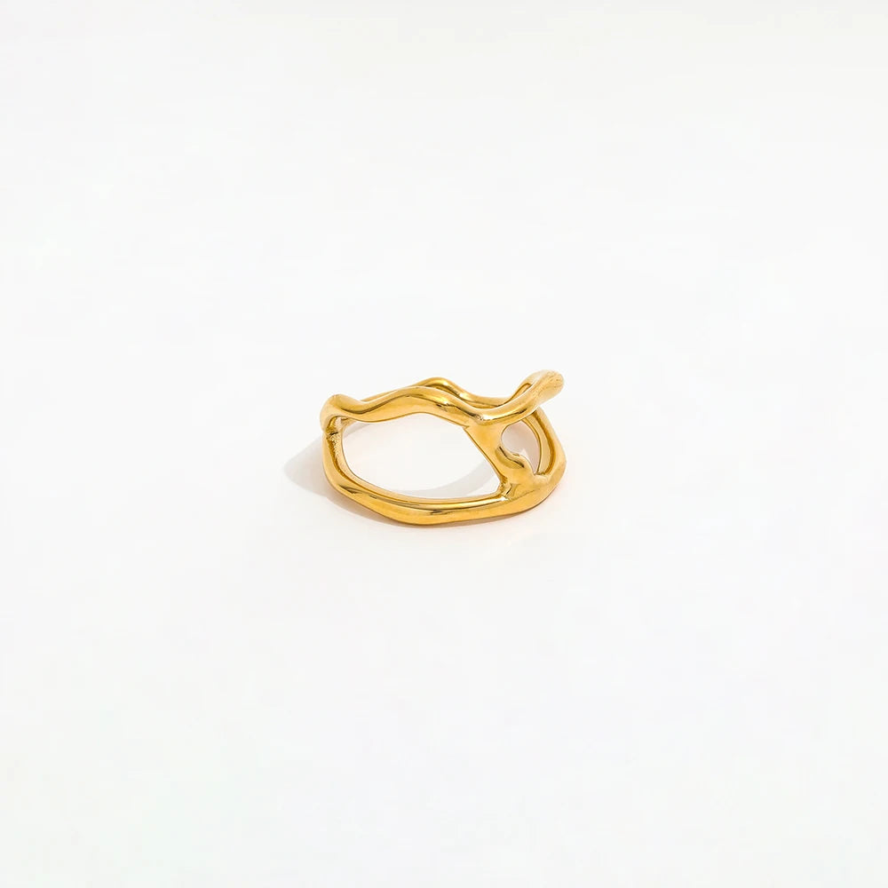 Joolim High End 18K Gold Plated Stainless Steel Lines Fluid Abstract Irregular Open Rings for Women Finger Ring Wholesale