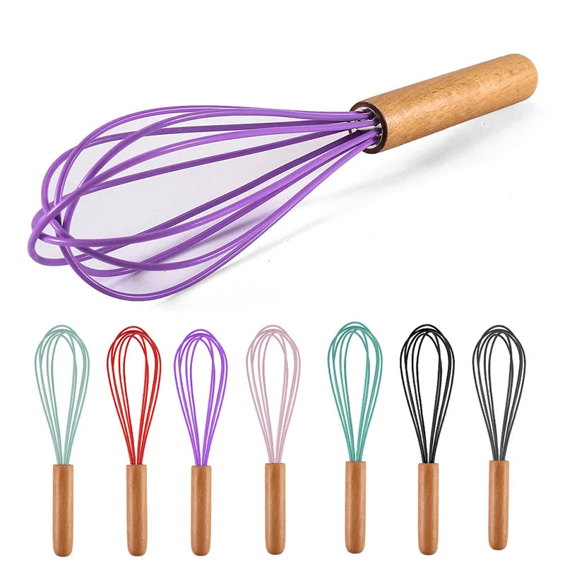 Eco-Friendly Hot Selling Egg Beater Household Hand-whipped Cream Egg Clear Flour Baking Silicone Whisk with Wood Handle 10-Inch