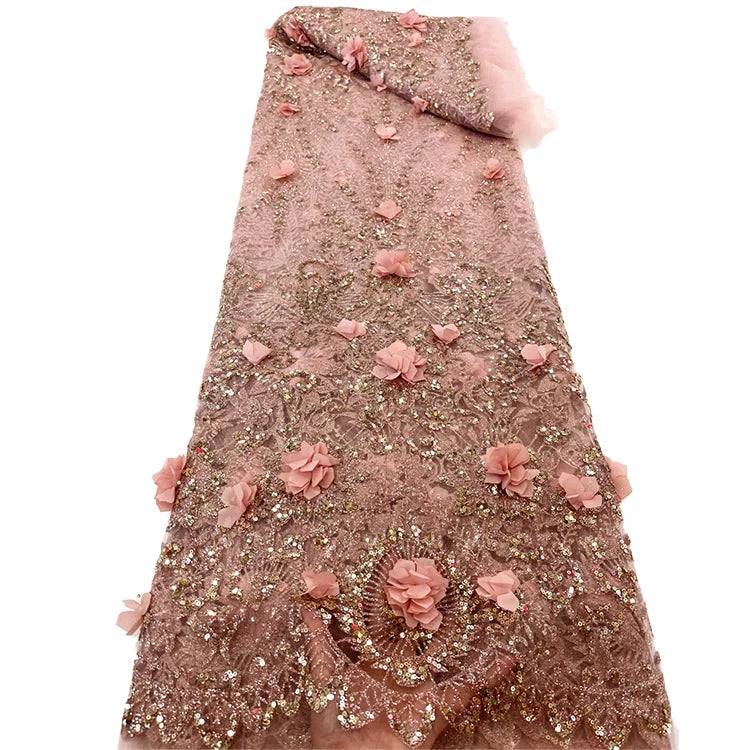 CHOCOO Wholesale Beaded Sequins Applique Embroidery Lace Fabric Pink Luxury Mesh Sequence Embroidered Lace Fabric for Women Wear