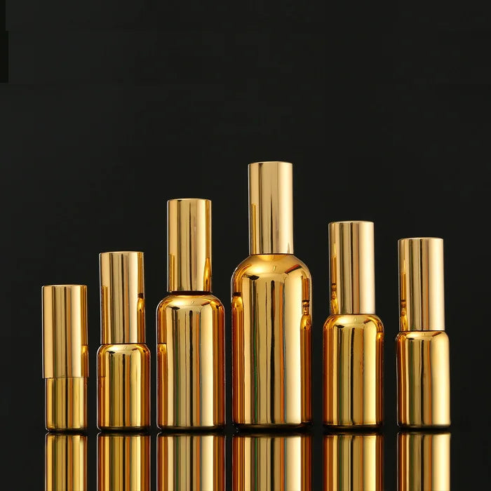 Hangzhou Best Seller Perfume Glass Mist Spray Bottle 5ml to 50ml Sizes Gold Finish with Dropper Sealing MOQ 100pcs