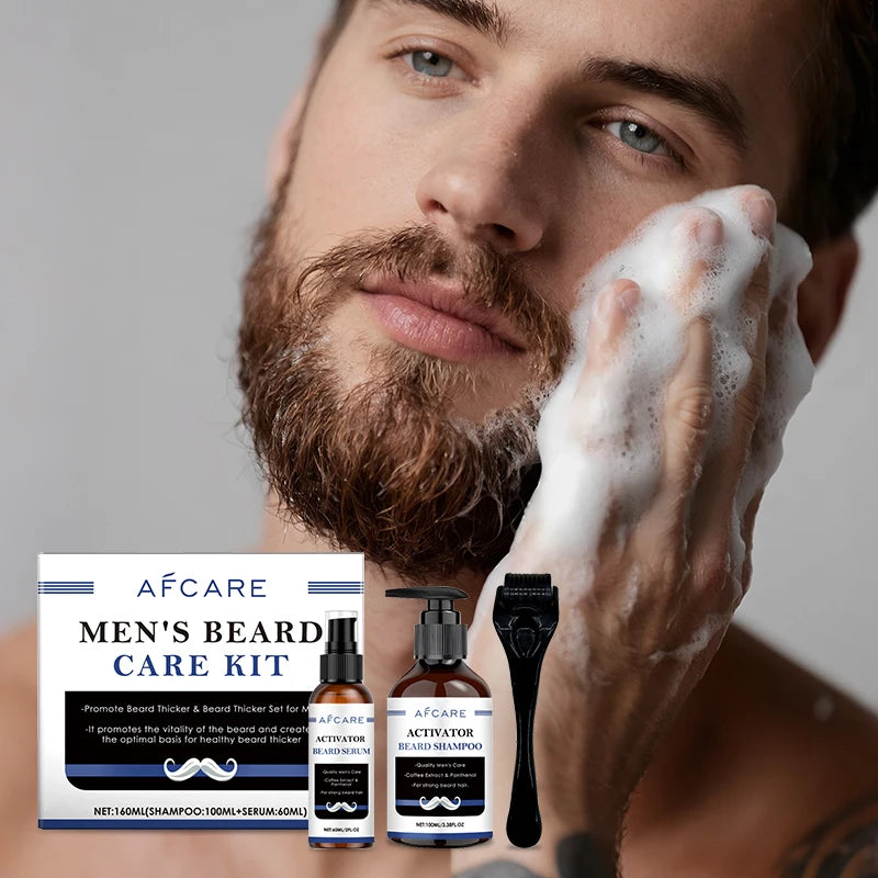 Private Label Coffee Men's Beard Care Set Organic Hyaluronic Acid Fragrance-free Moisturizing Refreshing Shampoo Serum Roller